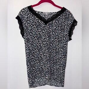Dex Black and White Green Leopard Print Blouse